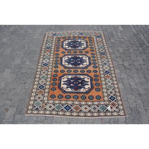 Alfombra Vintage, Alfombra Turca de 4.7x6.7 pies, Alfombra de Lana con Diseño Floral Azul - Product Image 1