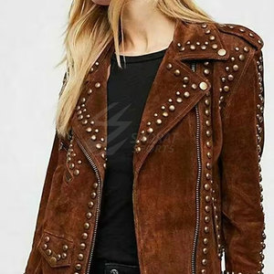 Veste à clous en cuir pour femmes, couleur unie, fermeture éclair complète, qualité supérieure, veste d'hiver légère pour femmes à bas prix - Product Image 3