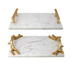 Plateau de service en marbre naturel de haute qualité avec poignée dorée Design classique Articles de fête Utilisez une pièce de conception simple au meilleur prix. - Product Image 5