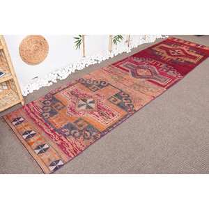 Alfombra Bohemia turca vintage de 2,9x11,2 pies, diseño de retazos rojo y naranja, rectángulo de látex de lana abstracto para habitaciones grandes - Product Image 3