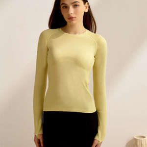 Camiseta Ecológica de Manga Larga para Mujer, Venta al por Mayor, Impresión de Logotipo Personalizado, Ropa Deportiva sin Costuras, 100% Algodón, Tela de Felpa, OEM - Product Image 2