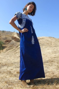 SRJ EXPORTS Navy <b>White</b> Hand Embroidered Oaxacan <b>Maxi</b> Dress 100% Cotton Dense Detailed Flowers Crochet Trim A-Line Vintage Summer - Product Image 5