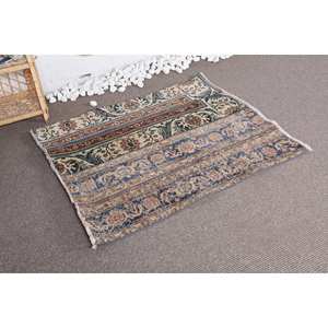 Tapis Turc Vintage Classique Bleu et Beige Patchwork Design 3.3X4 pieds Tissage Plat Laine Jute pour Salon Style Boho - Product Image 2