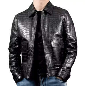 Chaqueta de cuero real con relieve de cocodrilo negro para hombre - Product Image 1
