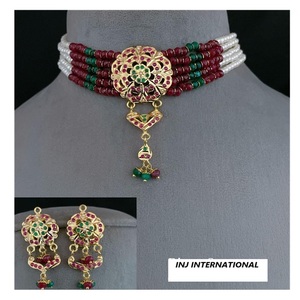 Traditional Jadau Ethnic Necklace <b>Set</b> Gold-Plated Earrings Handcrafted Bridal Wear Weddings Parties Featuring <b>Pearl</b> Main Gift - Product Image 1