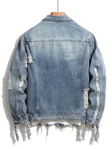 Venta al por mayor de ropa de los hombres de moda chaqueta de mezclilla desgastada para los hombres de encargo con retales con el logotipo de calidad superior con precio bajo - Product Image 2
