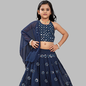 Ensemble Lehenga Choli pour enfants Shoryam Fashion Rama, style ethnique, travail de miroir, longueur au sol, avec dupatta, tenue de soirée de créateur pour filles - Product Image 1
