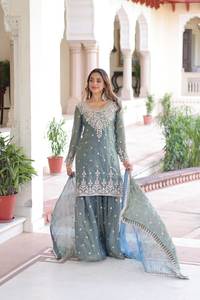 Nouveau haut Sharara Plazzo Dupatta de fête cousu pour l'hiver, de style indien pakistanais, en géorgette lourde réversible, moderne et élégant - Product Image 4