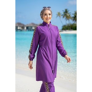 Maillot de bain trois pièces modeste à fermeture éclair imprimé léopard violet, en Spandex/Nylon, motif fruits/lettres, pour la plage et les occasions de baignade - Product Image 2