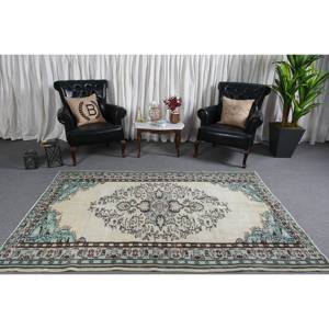 พรมขนสัตว์สีเบจสีฟ้าคลาสสิกขนาด5.1x7.9ฟุตงานเย็บปะสไตล์ตุรกีสำหรับห้องนั่งเล่นหรือห้องนอนพร้อมแผ่นยางรองหลัง - Product Image 1