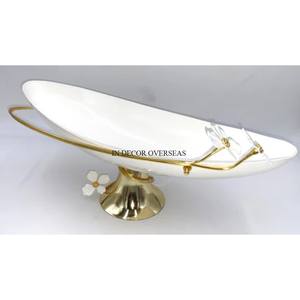 Tazón hecho de metal resistente de forma redonda con acabado de esmalte de color blanco con hojas chapadas en oro Diseñador de base de diseñador a bajo precio - Product Image 4