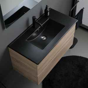Meuble de salle de bain minimaliste mural de 90 cm avec 2 tiroirs en chêne, lavabo noir, miroir 90x70, lampe Belize, ensemble complet - Product Image 4