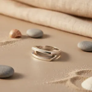 Bague Double Bande Minimaliste Moderne en Argent 925, Design Géométrique Carré, Zircon, Plaqué Rhodium Pureté 14k, Pierre Taillée, Promesse - Product Image 1