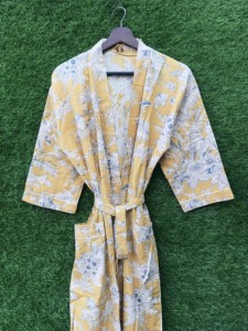 100% algodón bloqueado a mano estampado Indigo azul Kimono bata Maxi vestido Casual suave invierno verano desgaste para mujeres cierre con cordón - Product Image 3