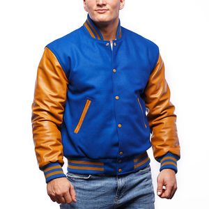 Chaquetas Universitarias Varsity para Hombre, Novedad de 2025, Azul Rey, Mangas de Cuero Dorado Viejo con Bordado de Chenilla Acolchado - Product Image 1