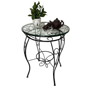 Durable Round Glass-Top <b>Table</b> with Traditional Patterned Iron Legs CFD68146 - Product Image 2