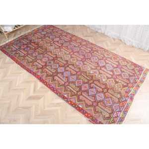 Vintage Turkish Kilim Rug 5.7x11 ft (175x336 cm), <b>Red</b> Floral <b>Wool</b> Rug - Product Image 3