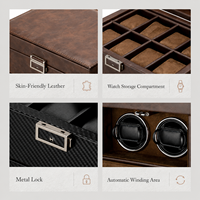 Remontoir de montre automatique à 2 emplacements avec boîte de rangement pour 10 montres en cuir PU et couvercle en verre pour montres pour hommes