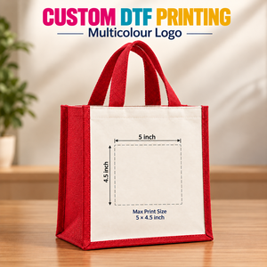 Bolsa de Yute y Lona Laminada Roja de 12x15.5x5.5 con Logotipo Personalizado, Reutilizable, con Refuerzo, para Compras y Regalos, PriGlob Exim - Product Image 4