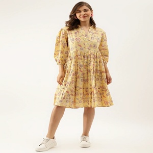 High Quality <b>Yellow</b> Vintage Floral Print 100% Cotton Midi <b>Dress</b> Mandarin Collar ODM Quick Dry Casual Summer Beach Wear - Product Image 1