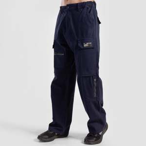 Pantalon cargo urbain bleu marine - 100 % coton, coupe droite oversize, léger, style hip-hop tendance avec plis, taille XL - Product Image 3