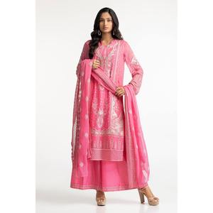 Traje de Chifón Rosa de 3 Piezas para Mujer, Bordado con Decoración de Botones - Product Image 2