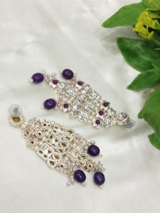 Conjunto de Collar de Novia con Baño de Plata y Kundan para Mujer, con Aretes Jhumka de Perlas Esmaltadas, Joyería para Bodas - Product Image 5