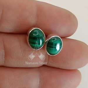 Handmade Oval Malachite Earrings, <b>Sterling</b> <b>Silver</b> <b>Studs</b>, Birthstone Jewelry - Product Image 4