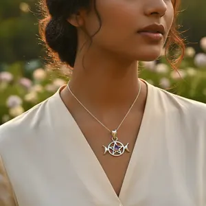 เครื่องประดับทางศาสนาสำหรับผู้หญิง จี้รูปปลาเงินแท้ 925 ประดับพลอยอะมีทิสต์ ชุบโรเดียม ลายหยดน้ำ ประดับมุกสีทอง - Product Image 2