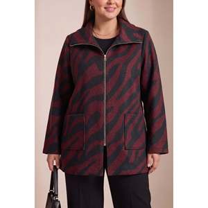 Abrigo de Punto con Estampado de Leopardo, Sin Forro, Talla Grande, Color Vino-Tinto/Negro - Product Image 1