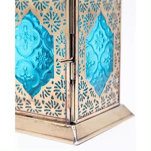 Christmas Decorative Antique Gold Metal Moroccan <b>Candle</b> Lantern with <b>Blue</b> Colored Glass Hanging and Floor Lanterns - Product Image 5