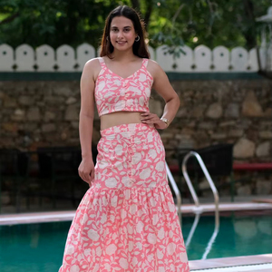 Ensemble haut court imprimé jupe Maxi pour femmes, élégant, tendance, décoration vintage, taille XS, tissu, court, long - Product Image 1