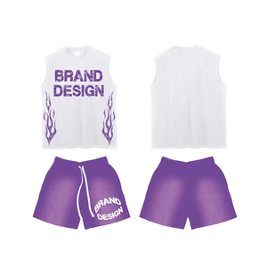 ชุดเสื้อยืด2ชิ้นสำหรับผู้ชายเสื้อสีพื้นแบบลำลองสำหรับเล่นกีฬาในยิมกางเกงขาสั้นปักโลโก้ - Product Image 1