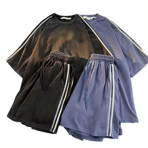 Ensemble de survêtement pour homme 2 pièces, t-shirt court et short, survêtement délavé à l'acide, streetwear, 100% coton, t-shirt à épaules tombantes et ensembles de shorts - Product Image 1