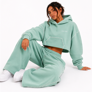 Ensemble de survêtement d'hiver ONEAPEX SPORTS WEAR pour femme, vert menthe, avec strass, sweat à capuche court et pantalon large, streetwear, qualité supérieure, épais - Product Image 3