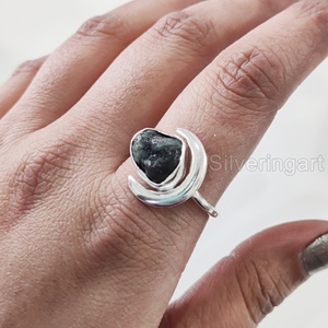 Joyería de piedra en bruto, anillo de mujer, piedra preciosa Esmeralda cruda Natural, piedra natal de mayo, anillo de luna creciente, joyería, anillo de Plata de Ley 925 - Product Image 3