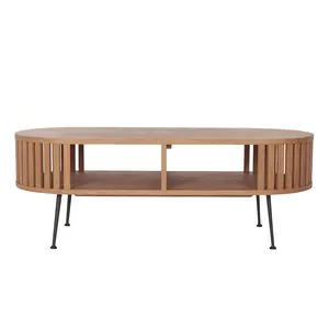 柚木实木茶几椭圆形顶部桌子板条设计，底部储物和金属腿自然完成