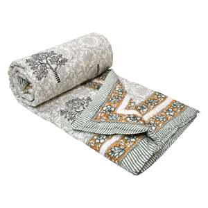 Couette Kantha en coton taille unique/Rajai Hand Block Print Handmade Technique for Light Winters Green Yellow Tree (150x225 Cm) - Product Image 4