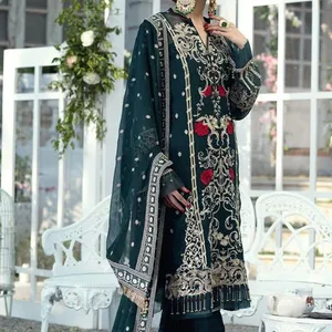 NEW ZARI EMBROIDERY ON LONG KURTA & <b>PANT</b> DRESS EMBELLISH BEAUTIFUL RESHAM, CRYSTAL GLASS BEADS,DABKA WORK for Party-WEAR @ 2022 - Product Image 1