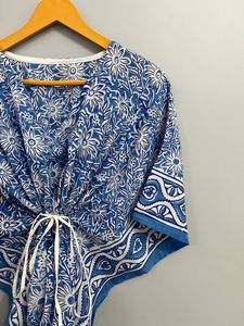 Robe Caftan indienne à fleurs en coton faite à la main courte longue couverture de plage Maxi Kimono bloc imprimé taille naturelle robes décontractées - Product Image 3