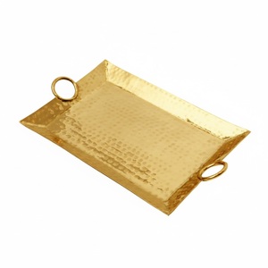Ensemble de 2 plateaux de service ovales élégants en métal martelé doré avec poignées, plateau de service pour la maison, l'hôtel, le restaurant, meilleur prix - Product Image 5