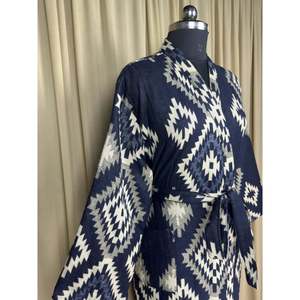 Cozy Winter Romance Yak Wool Blend Women <b>Kimono</b> Robe Blue Diamond Print <b>Cardigan</b> House Coat with Quirky Pockets Soft ODM Supply - Product Image 5