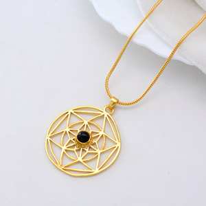Brass Gold Plated Sacred Geometry Pendant With Black <b>Onyx</b> Healing Stone <b>Necklace</b> Boho Spiritual Jewelry For Women - Product Image 5