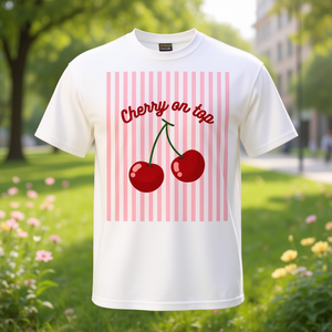 T-shirt estetica a righe rosa ciliegia Cherry Girl on Top per promozioni - Product Image 3