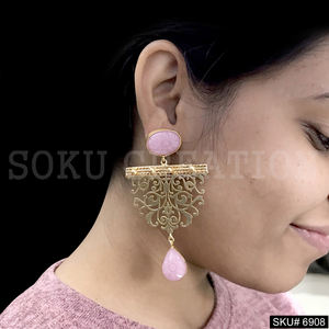 Handmade Gold Plated Carved Stone Statement Design Drop Earrings <b>Fashion</b> <b>Accessory</b> SKU6908 - Product Image 1