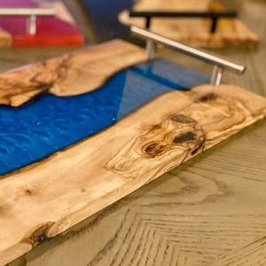 Blue Epoxy Resin Olive Wood River Serving Tray Stainless Steel Handles Luxury Cafe Catering Charcuterie Platter Decorative - Product Image 1
