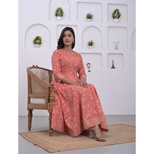 Ensemble Kurta Anarkali et pantalon en coton imprimé pêche, richement brodé, style pakistanais, pour tenue de soirée, en soie - Product Image 5