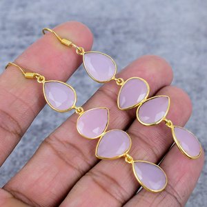 Boucles d'oreilles pendantes en forme de poire en argent sterling plaqué or avec pierre précieuse en calcédoine rose, cadeau tendance pour les fêtes, pour femmes - Product Image 1