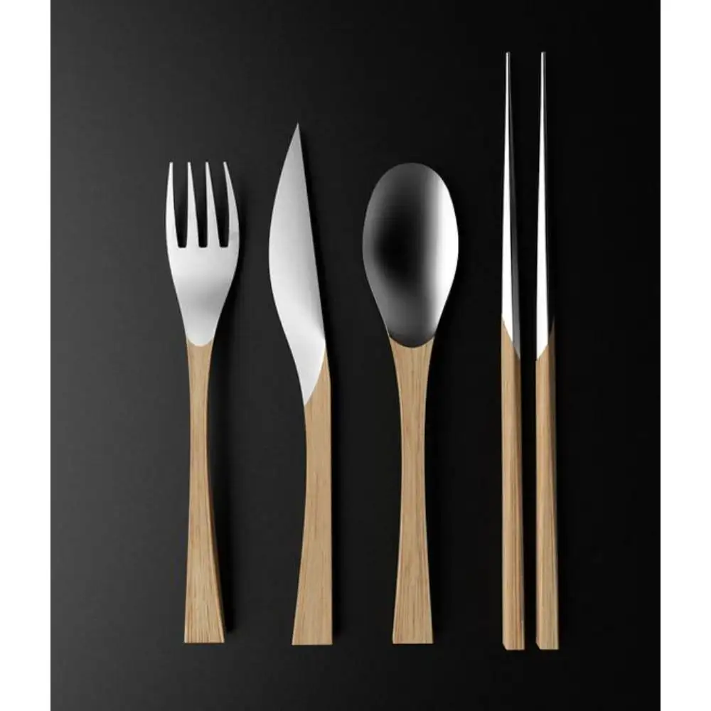 Set alat makan Stainless Steel dekoratif, sendok garpu meja baja tahan karat dengan pegangan kayu bermotif Logo baru Sempurna untuk makan malam/makan siang/BF