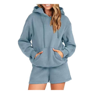 Femmes au-dessus du genou couleur unie décontracté deux pièces à capuche et short ensemble respirant écologique vêtements d'été - Product Image 1